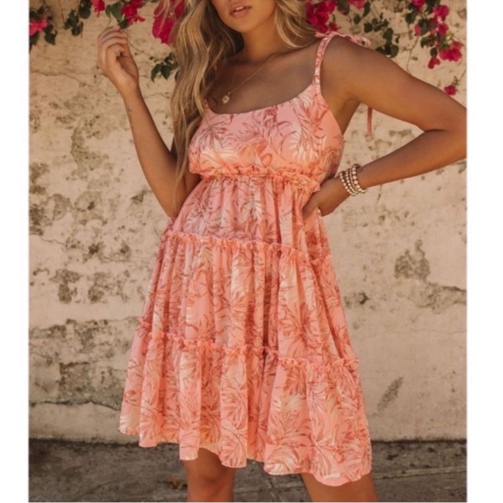 VICI Tiered Leaf‎ Print Mini Babydoll Dress Peach Pink S